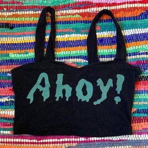 Teenage Runway©️ Black Cotton Straps crop tank with Teal Blue AHOY! logo